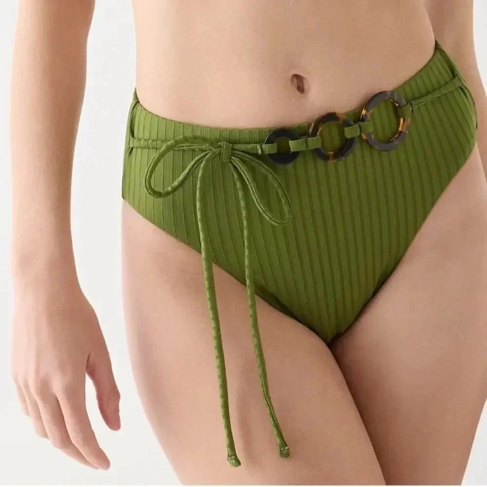 J Crew Wide rib high rise bikini bottom in Canteen Green & Tortoise Small NWT